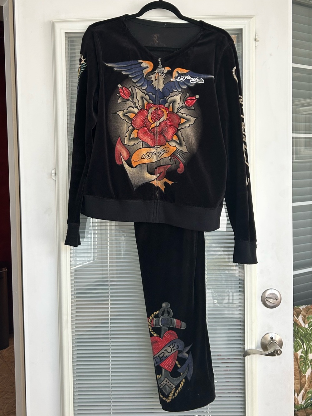**Vintage** Ed Hardy Black Cotton Velvet Zip-up  and Matching pants Brand Tag